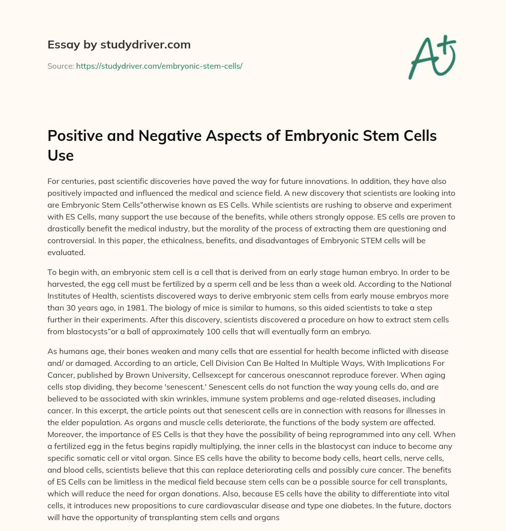 Positive and Negative Aspects of Embryonic Stem Cells Use essay