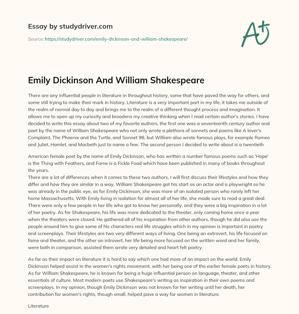 Emily Dickinson and William Shakespeare essay
