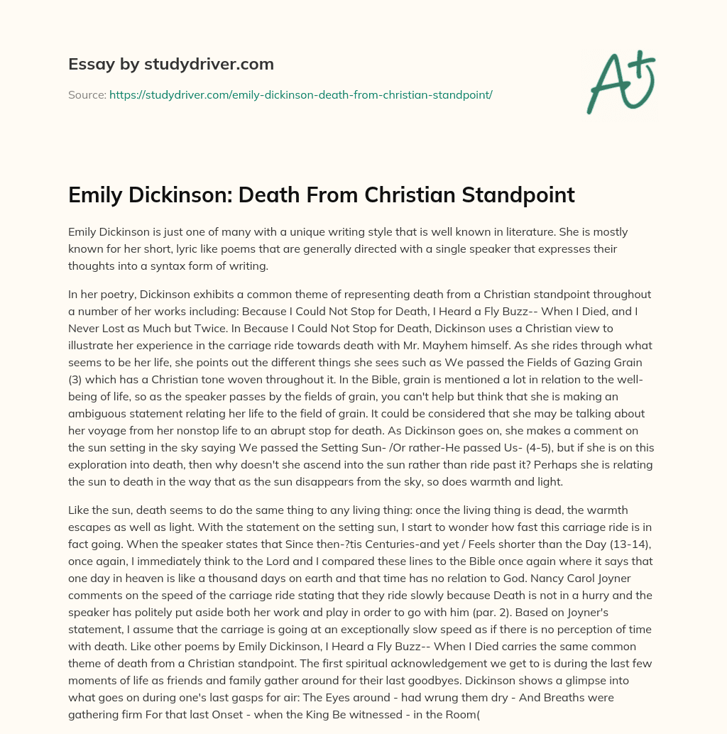 Emily Dickinson: Death from Christian Standpoint essay