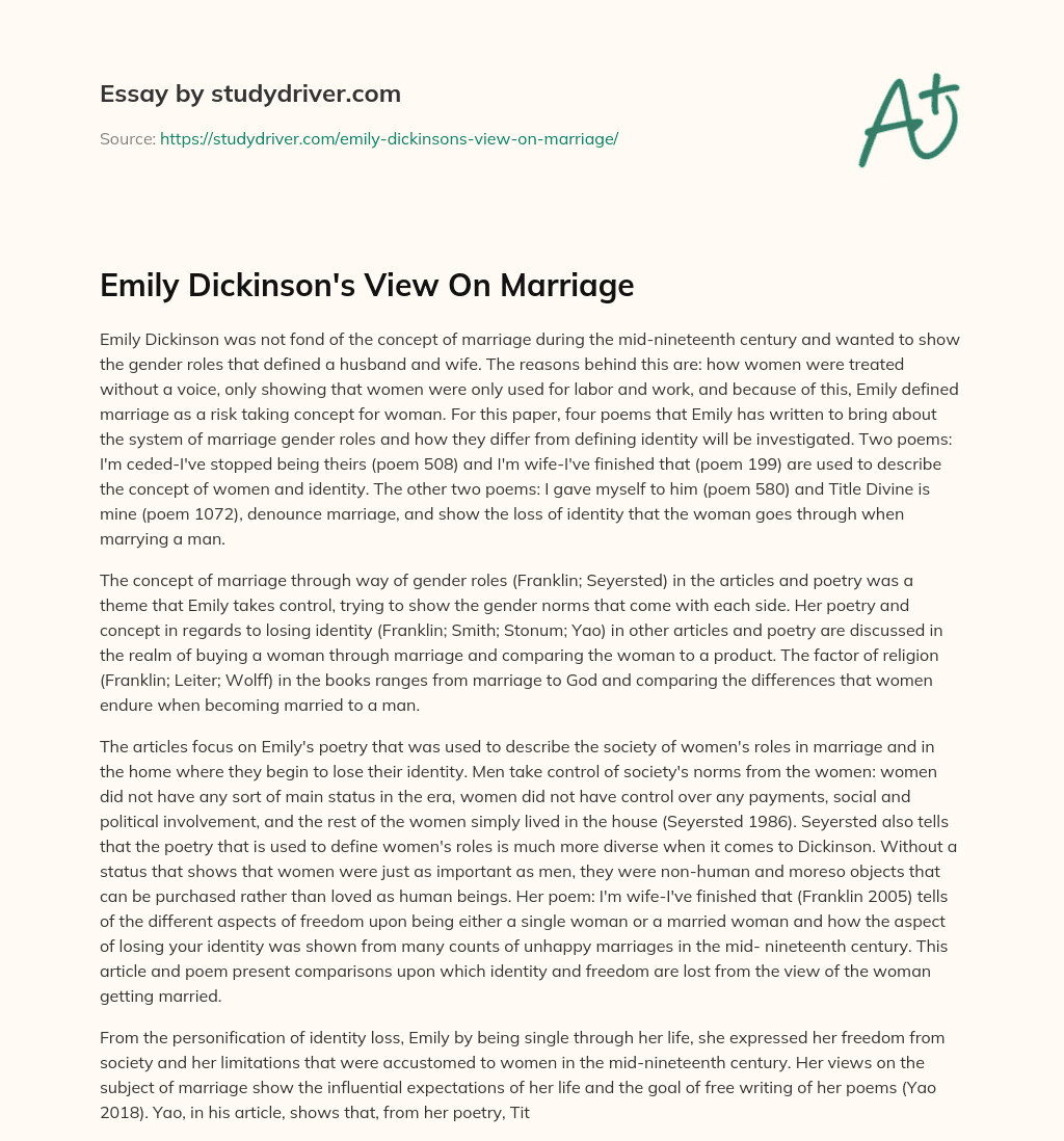 Emily Dickinson’s View on Marriage essay