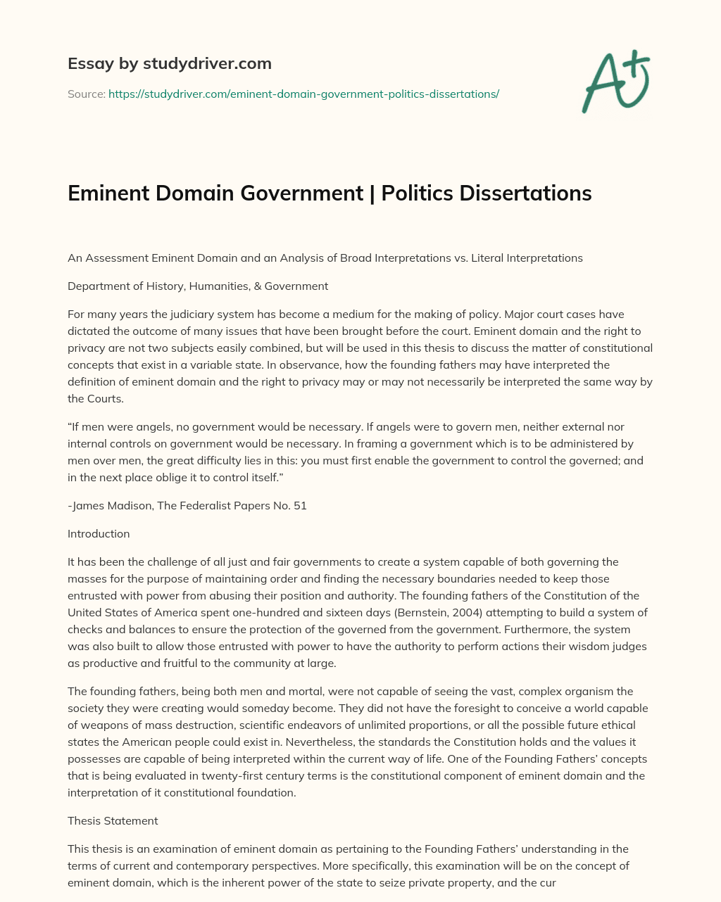 Eminent Domain Government | Politics Dissertations essay