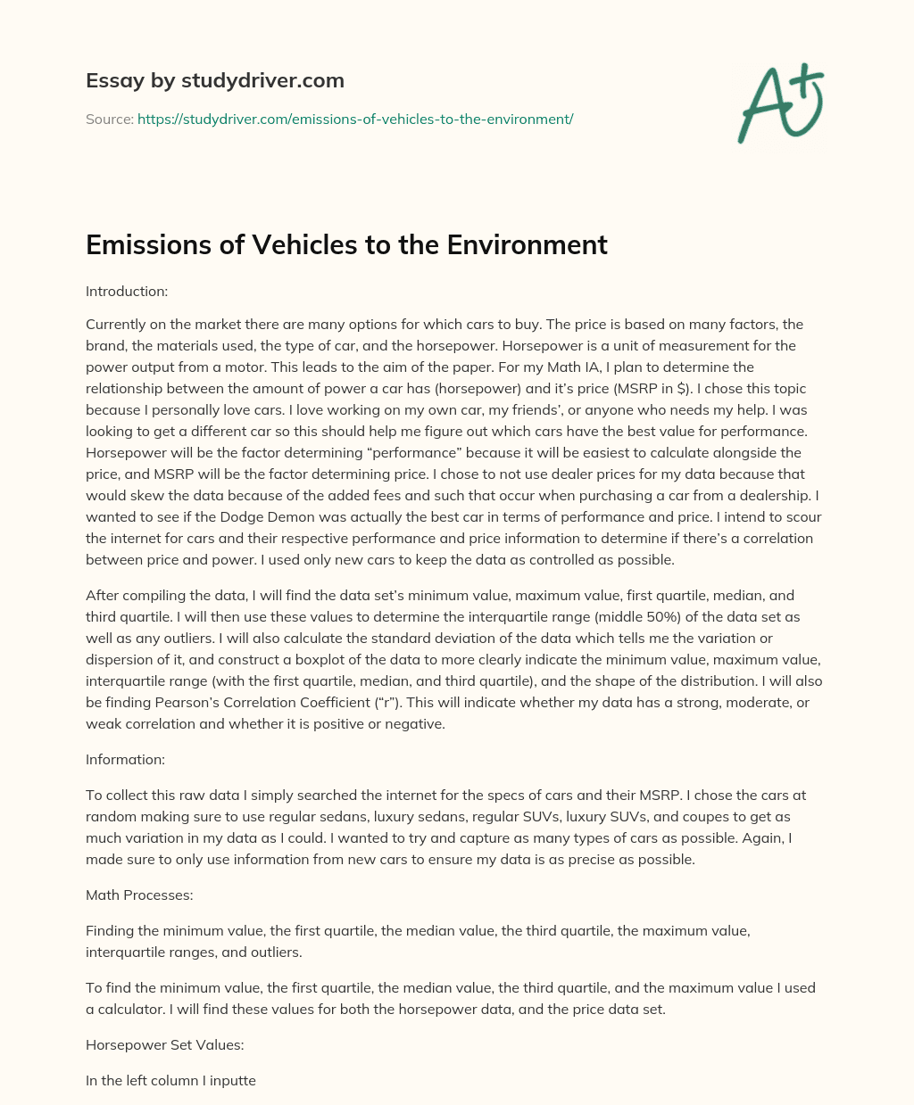 Emissions of Vehicles to the Environment essay