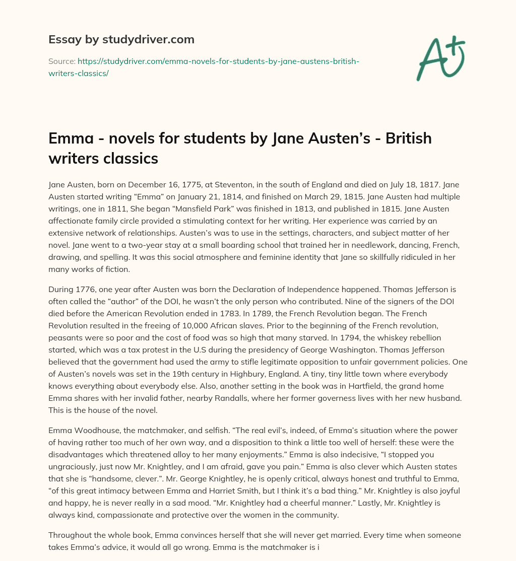 Emma – Novels for Students by Jane Austen’s – British Writers Classics essay