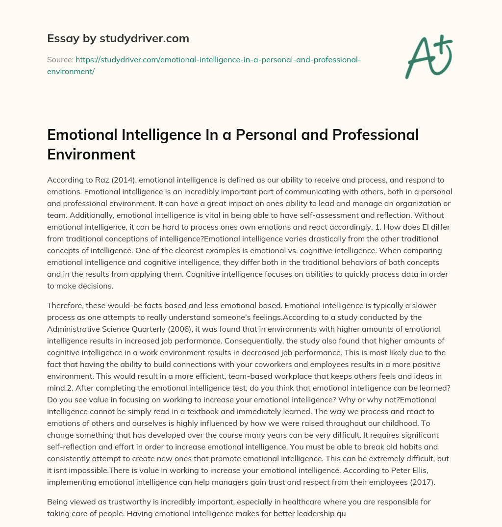 Emotional Intelligence in a Personal and Professional Environment essay