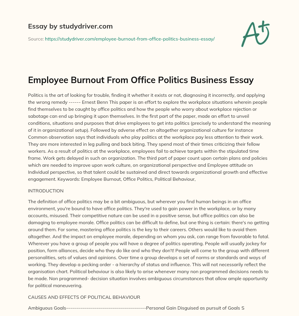 Employee Burnout from Office Politics Business Essay essay