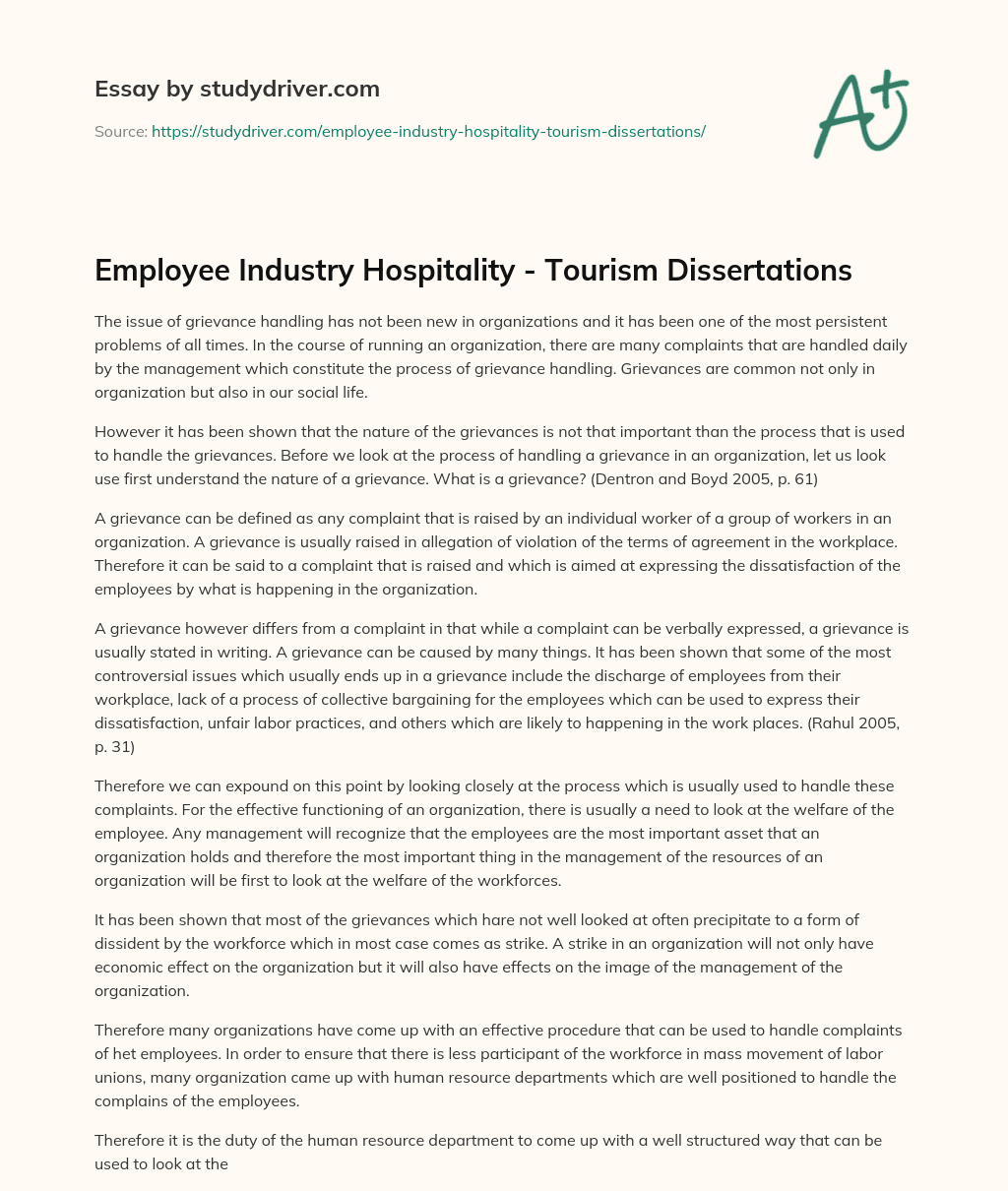Employee Industry Hospitality – Tourism Dissertations essay