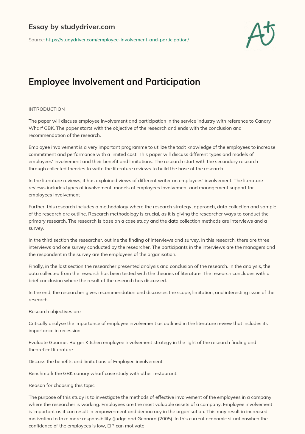 Employee Involvement and Participation essay