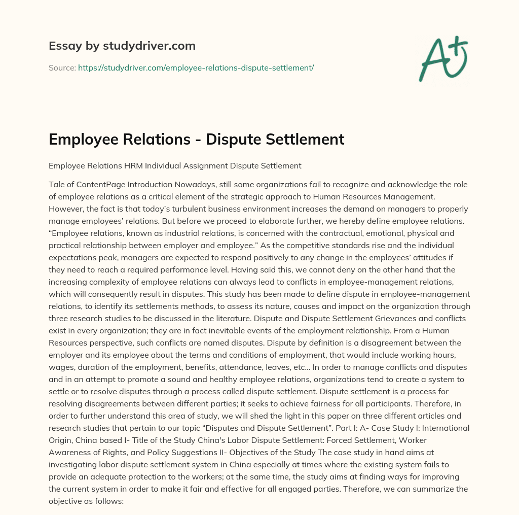 Employee Relations – Dispute Settlement essay