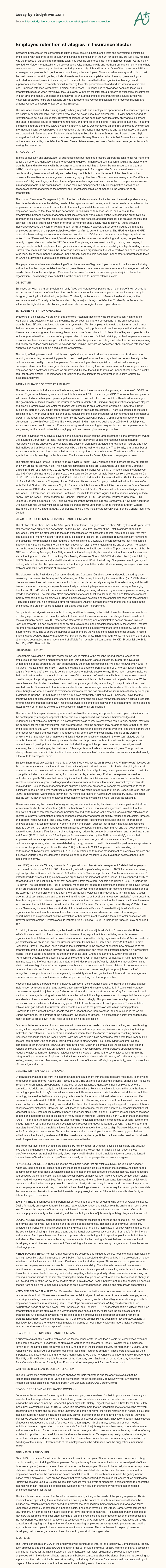 Employee Retention Strategies in Insurance Sector essay