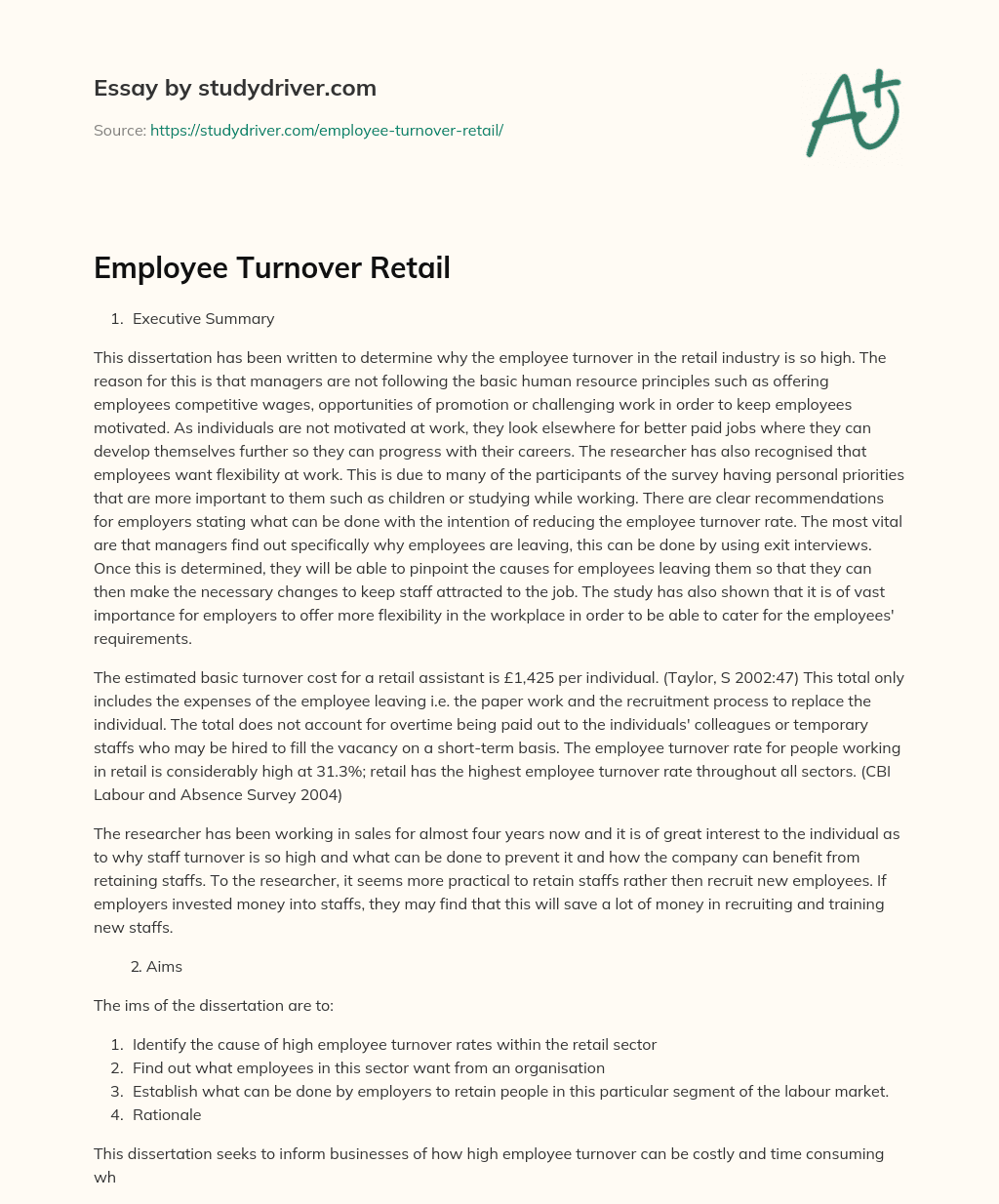 Employee Turnover Retail essay