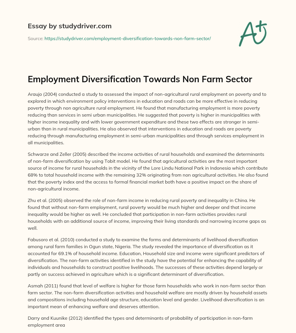 Employment Diversification Towards Non Farm Sector essay