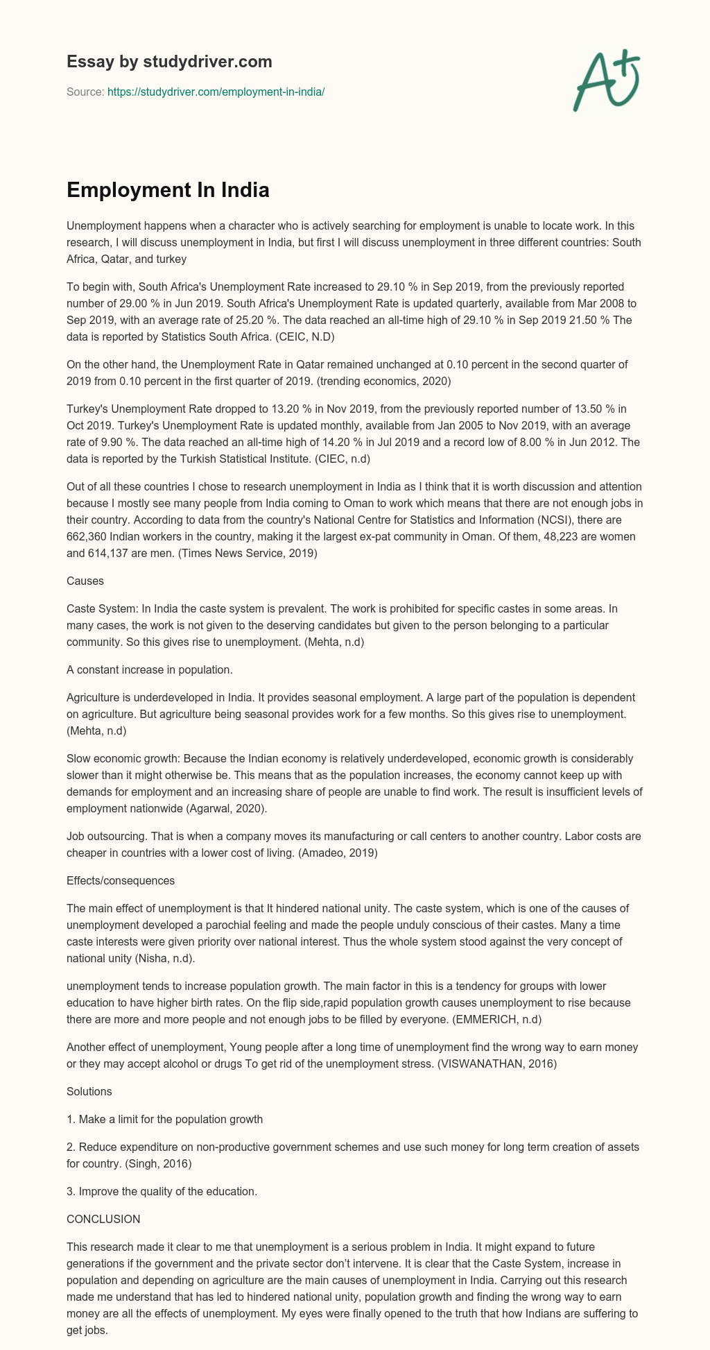 Employment in India essay