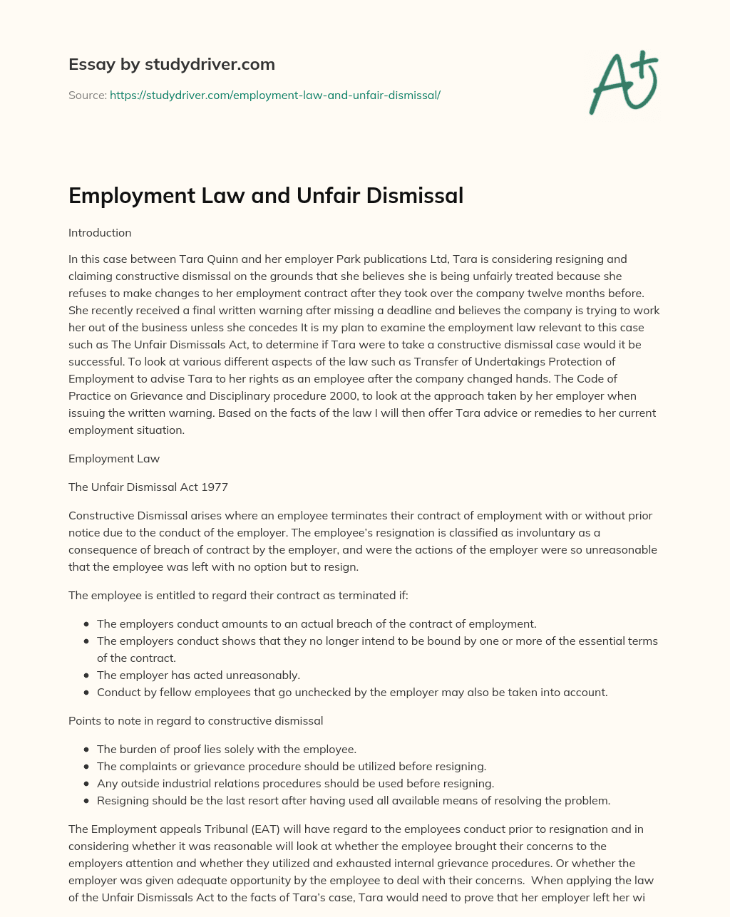 Employment Law and Unfair Dismissal essay