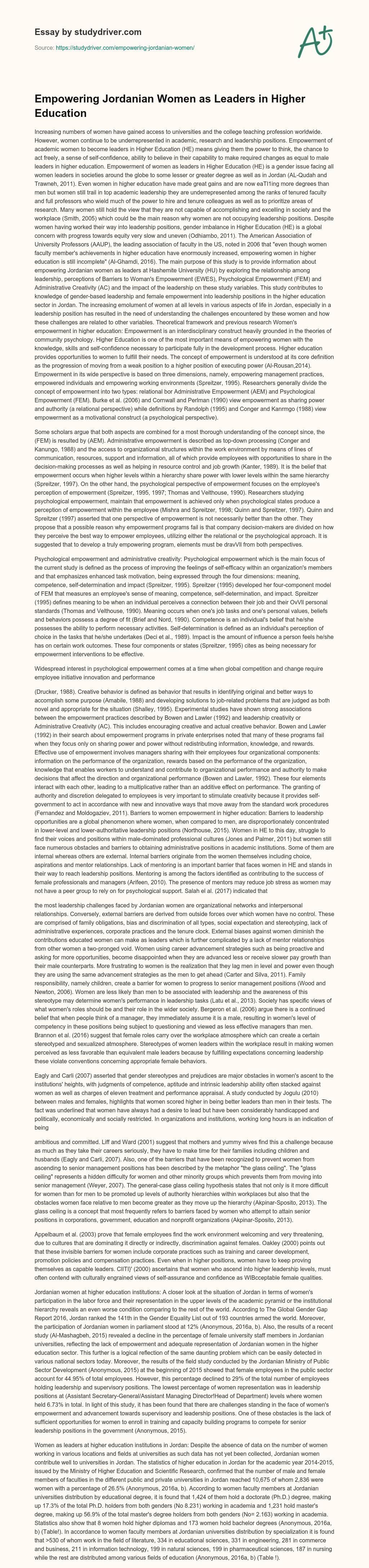Empowering Jordanian Women as Leaders in Higher Education essay