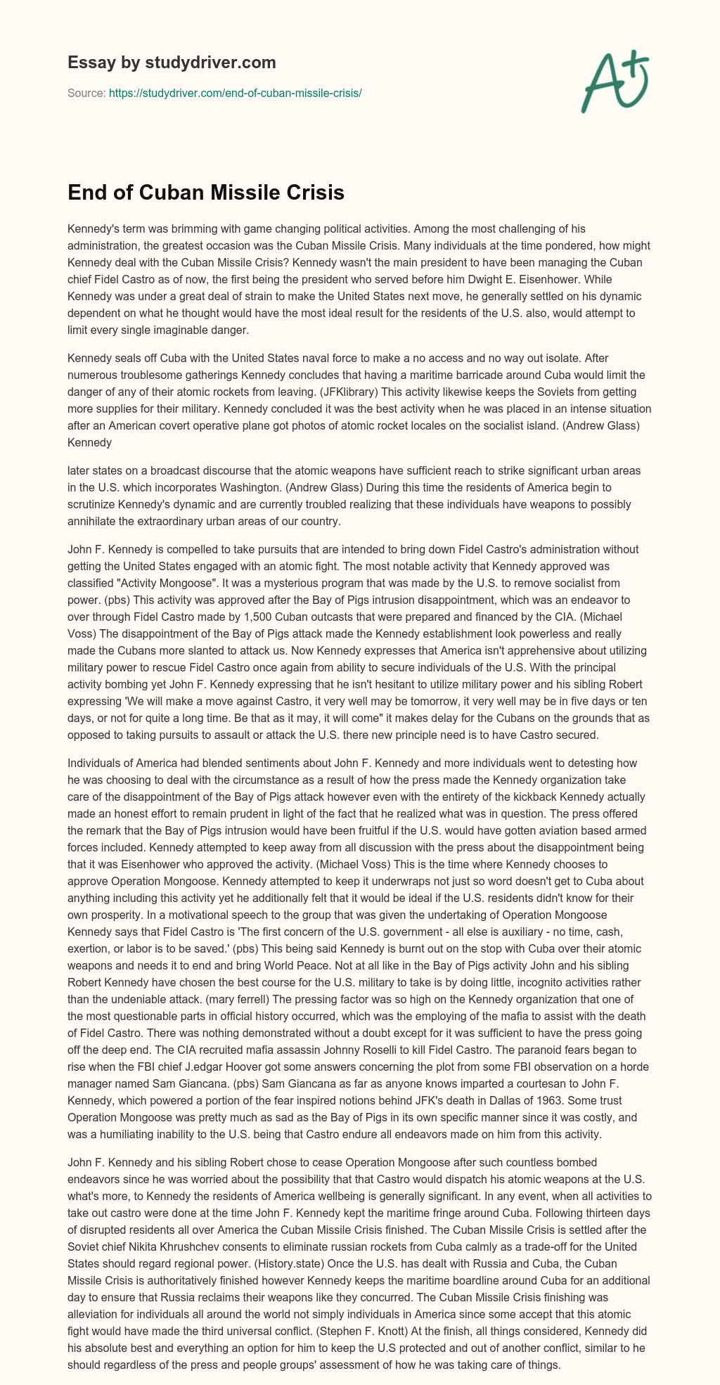 End of Cuban Missile Crisis essay