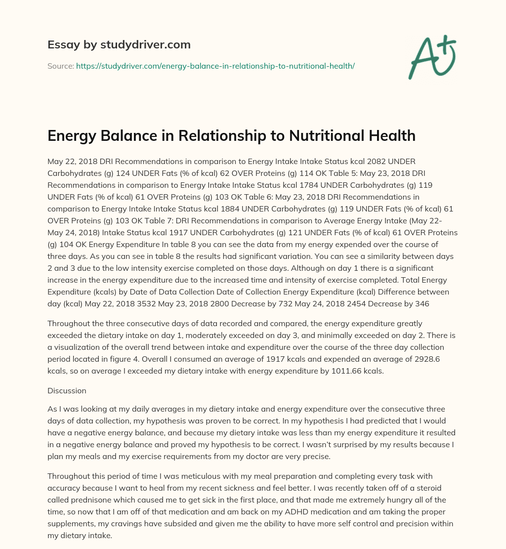 Energy Balance in Relationship to Nutritional Health essay