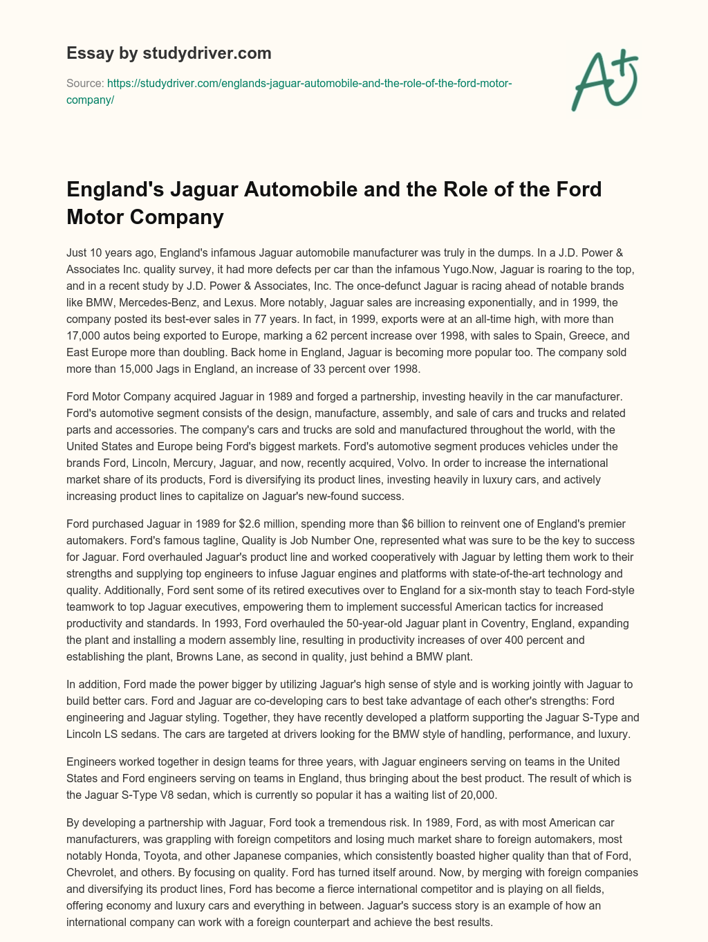 England’s Jaguar Automobile and the Role of the Ford Motor Company essay