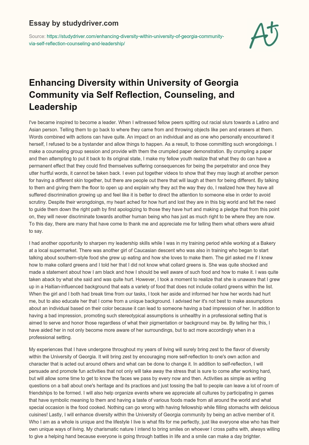 Enhancing Diversity Within University of Georgia Community Via Self Reflection, Counseling, and Leadership essay