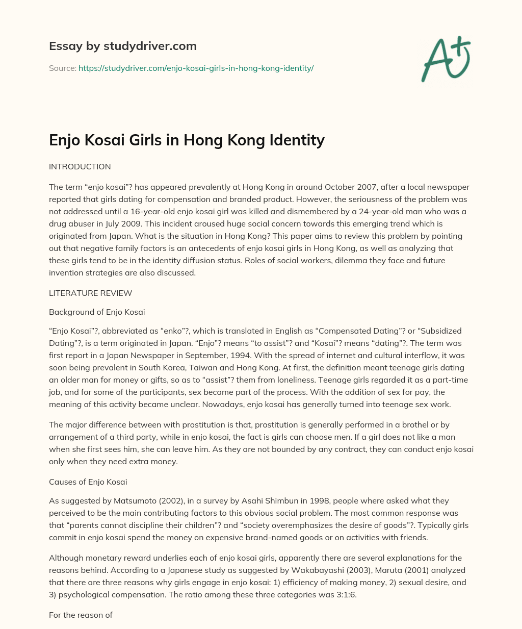 Enjo Kosai Girls in Hong Kong Identity essay