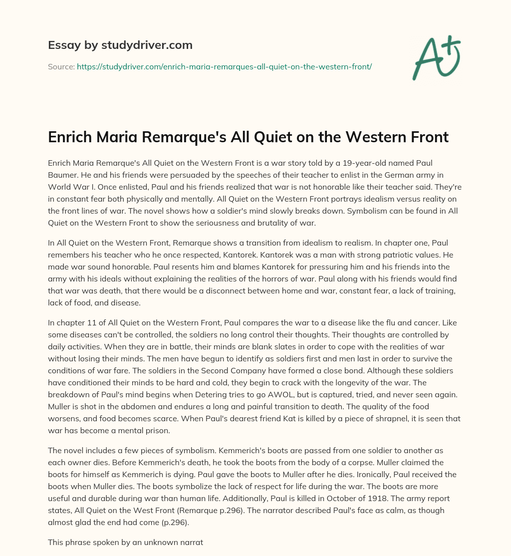 Enrich Maria Remarque’s all Quiet on the Western Front essay