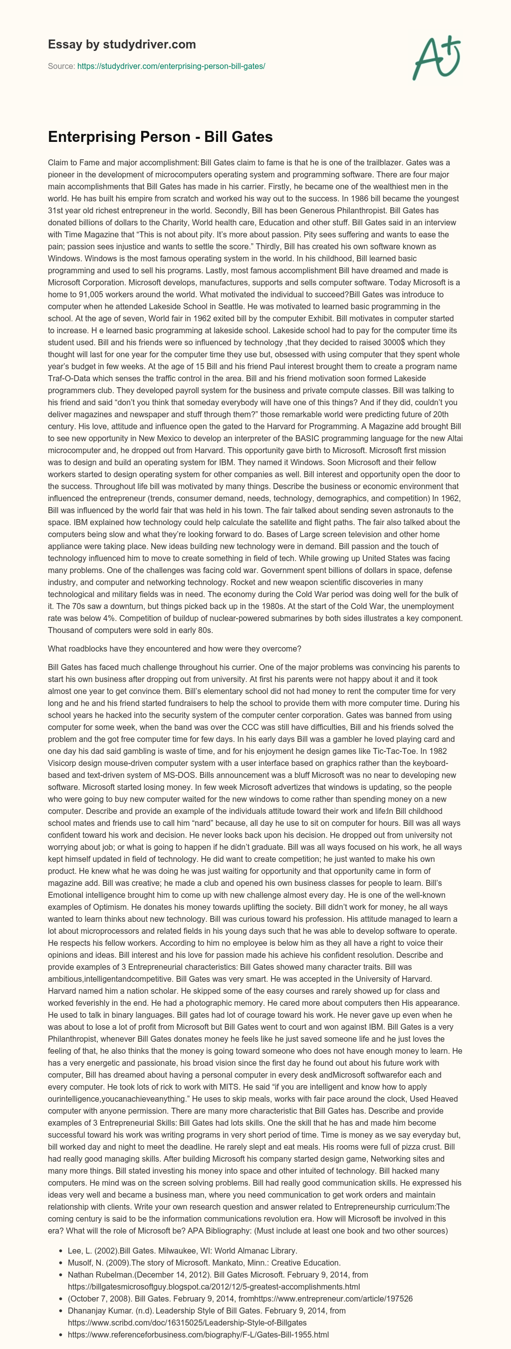 Enterprising Person – Bill Gates essay