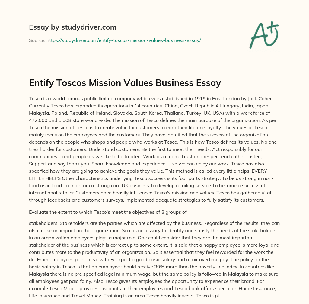 Entify Toscos Mission Values Business Essay essay