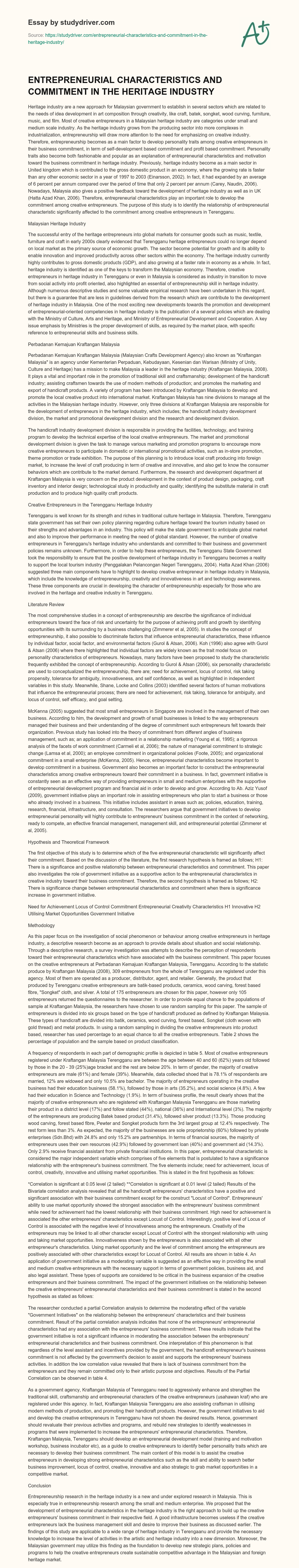 ENTREPRENEURIAL CHARACTERISTICS and COMMITMENT in the HERITAGE INDUSTRY essay