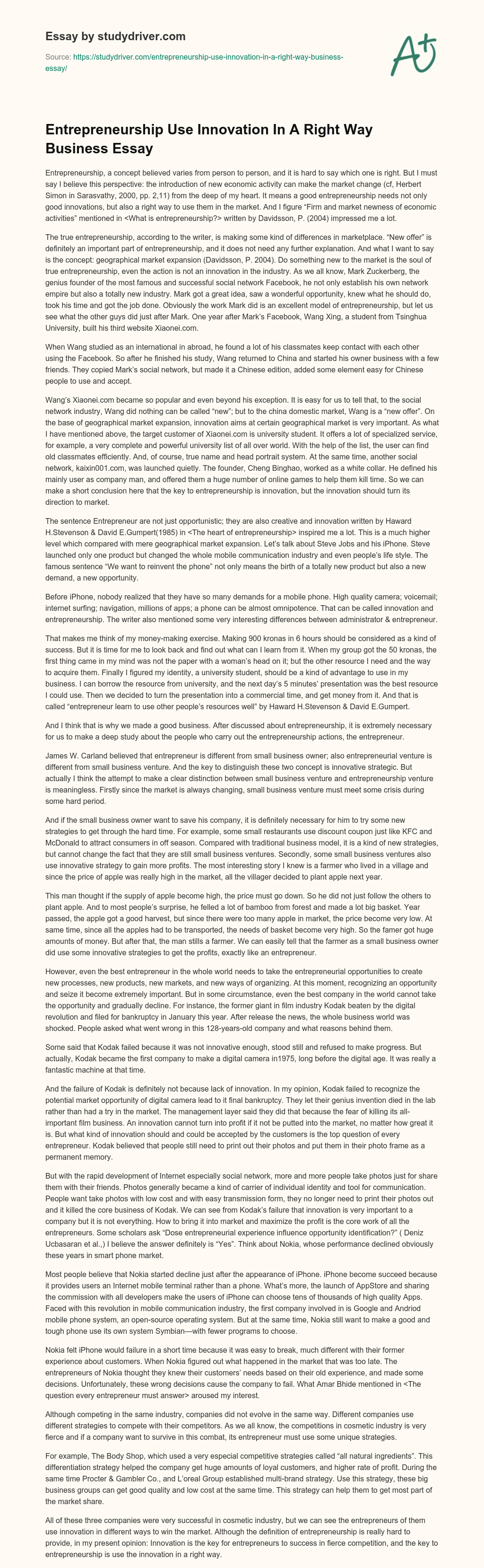 Entrepreneurship Use Innovation in a Right Way Business Essay essay