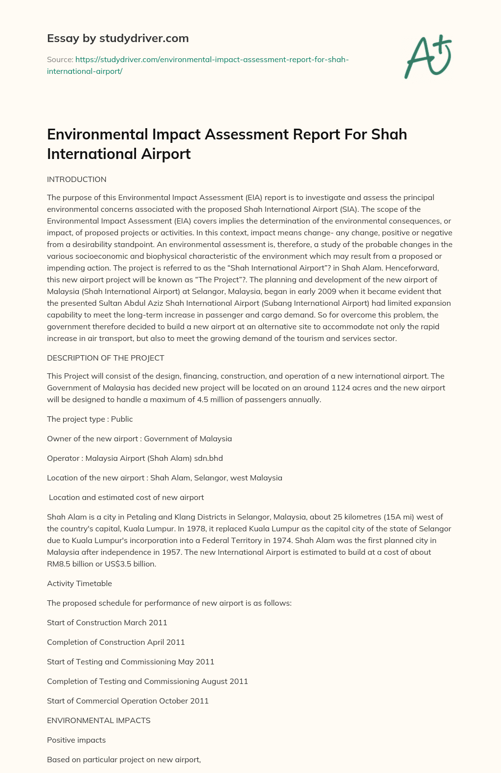 Environmental Impact Assessment Report for Shah International Airport essay