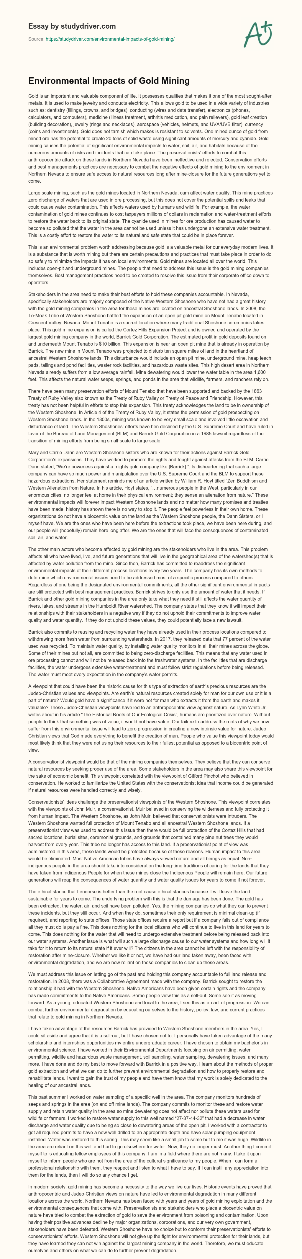 Environmental Impacts of Gold Mining essay