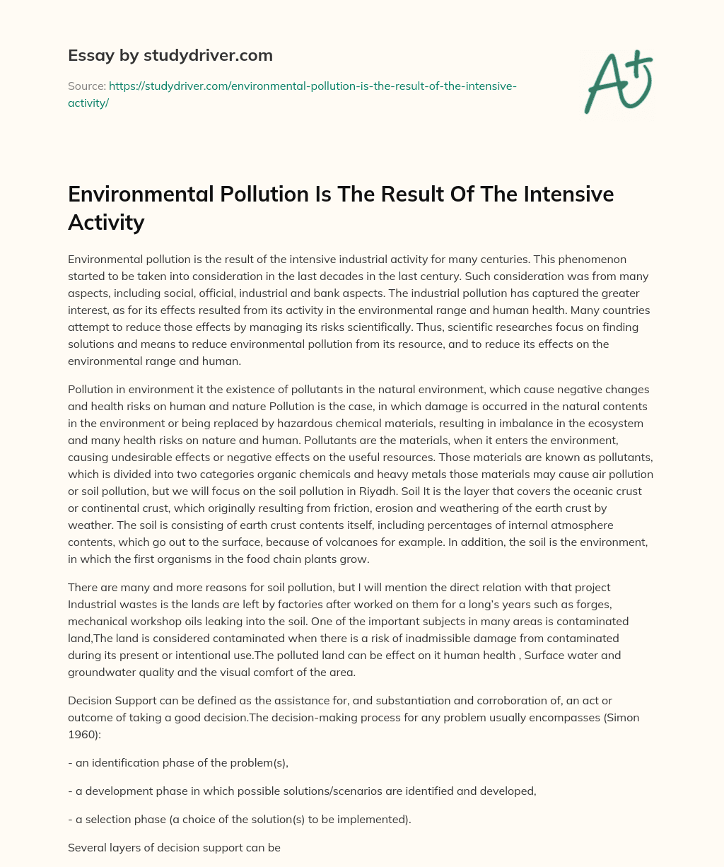 Environmental Pollution is the Result of the Intensive Activity essay