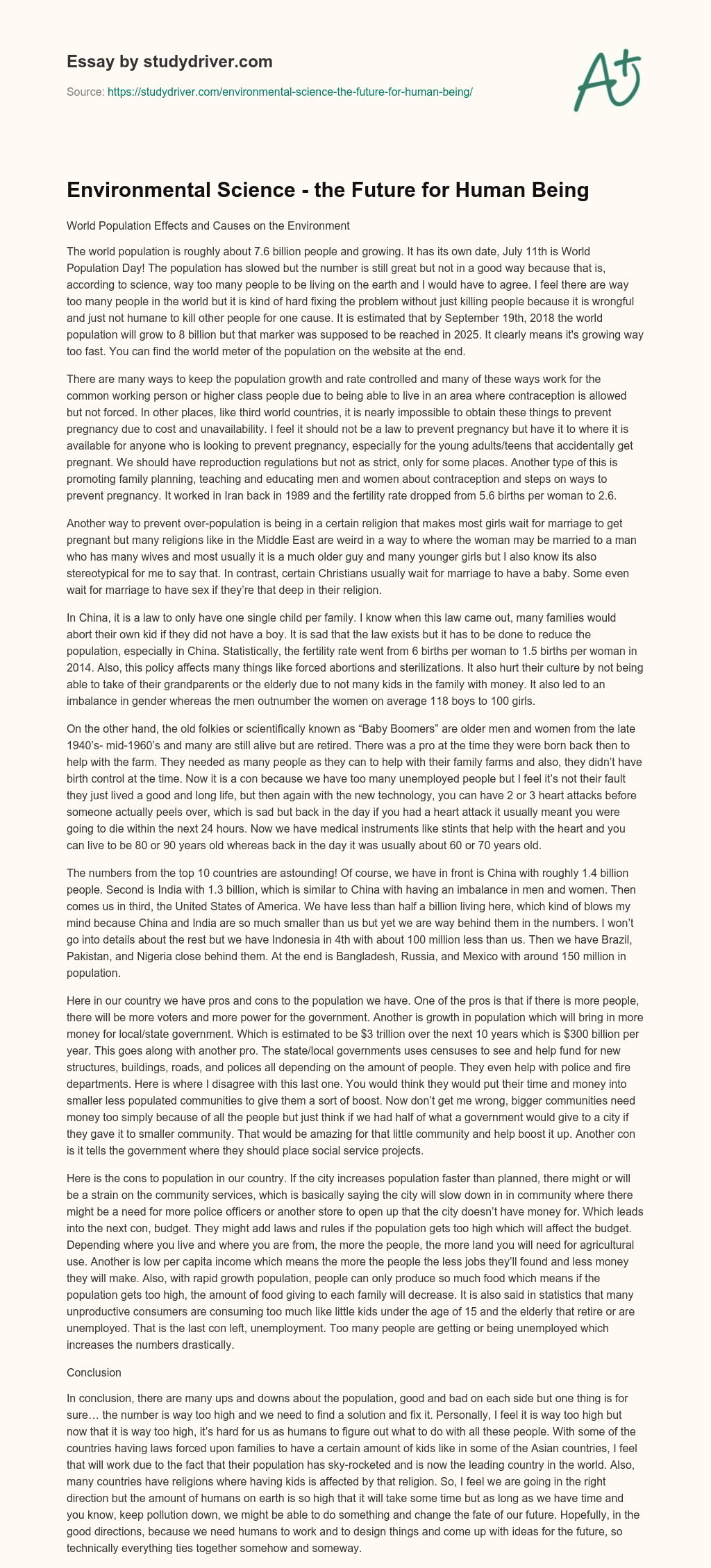 Environmental Science – the Future for Human being essay