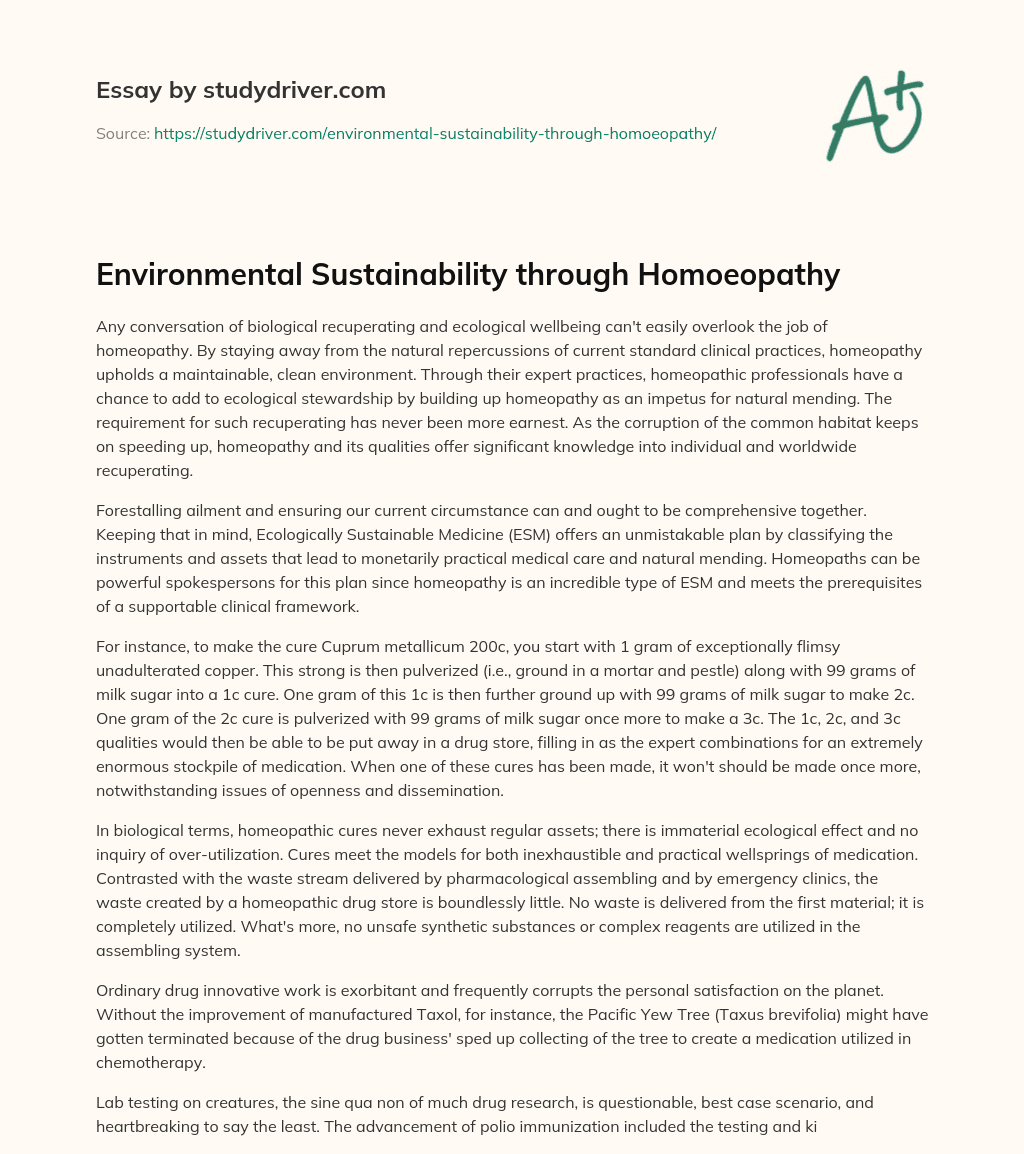 Environmental Sustainability through Homoeopathy essay