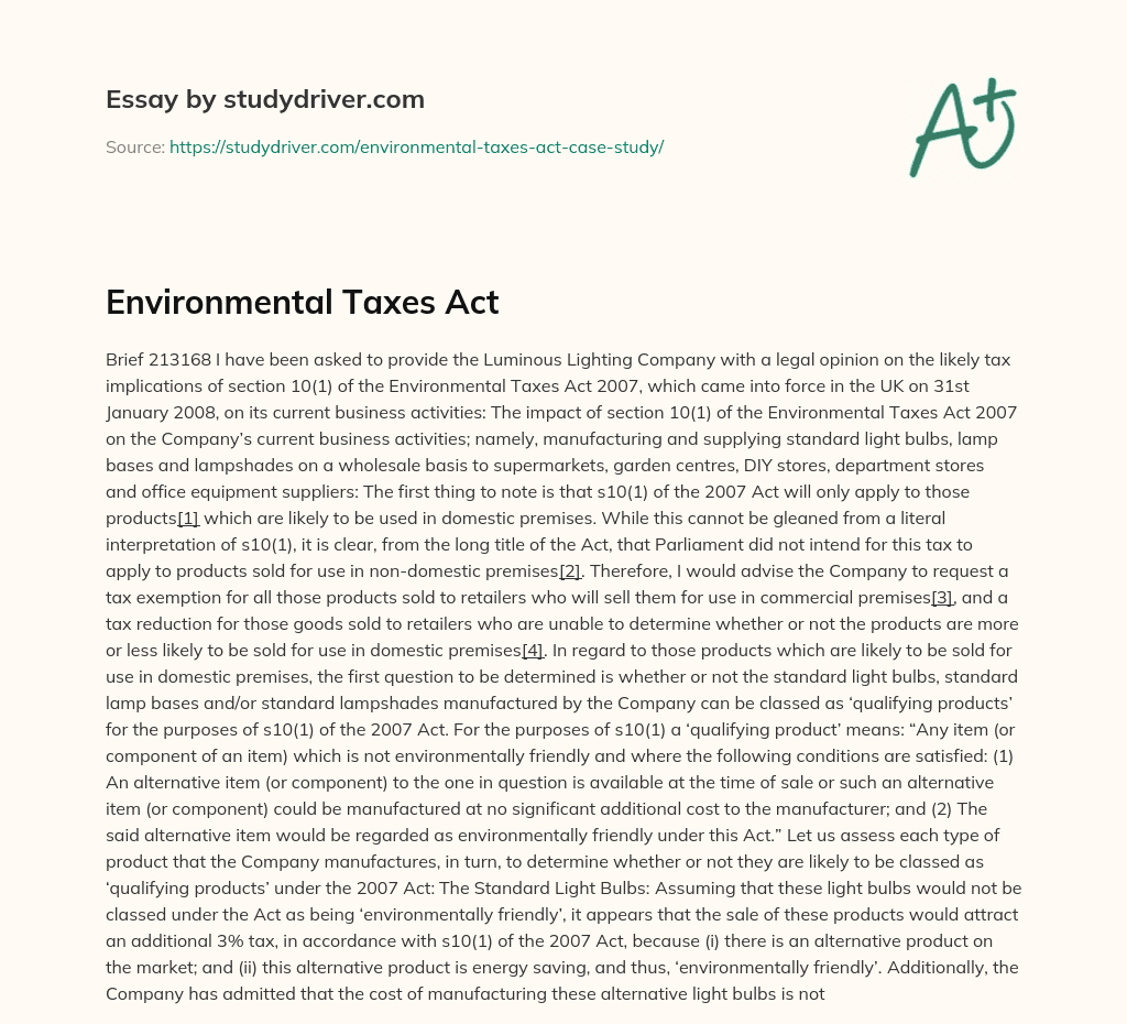 Environmental Taxes Act essay