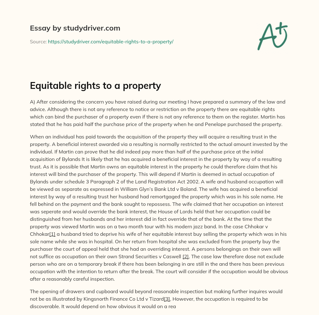 Equitable Rights to a Property essay
