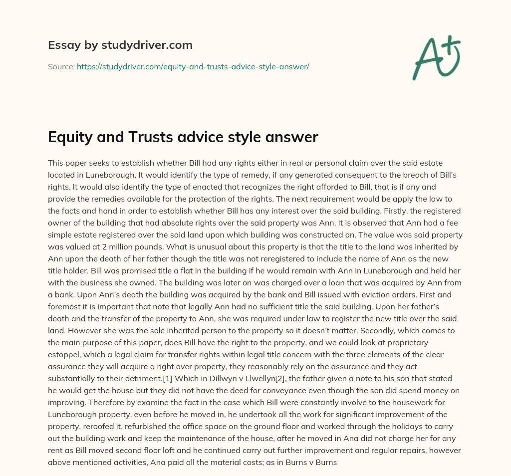 Equity and Trusts Advice Style Answer essay