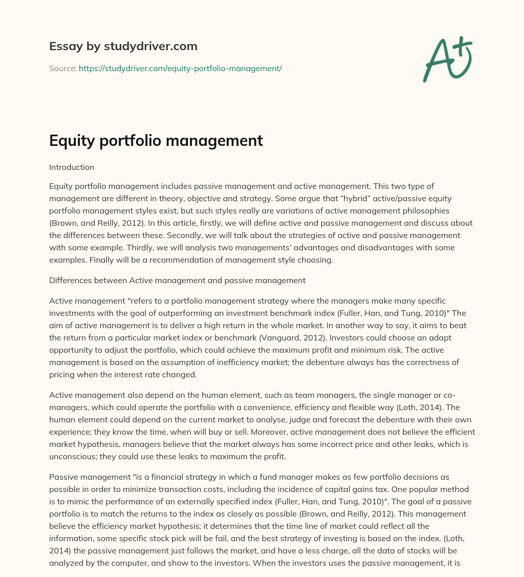 Equity Portfolio Management essay