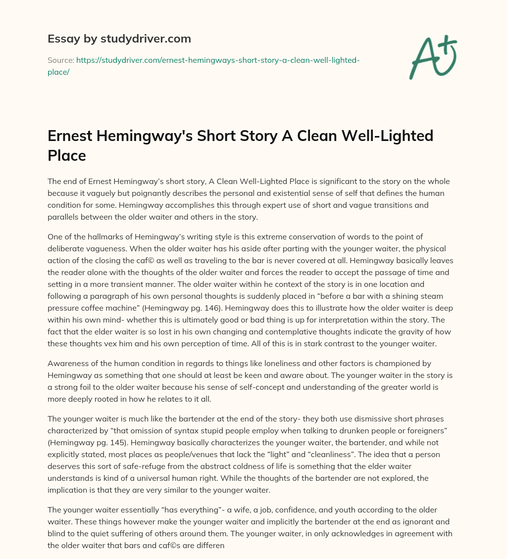 Ernest Hemingway’s Short Story a Clean Well-Lighted Place essay