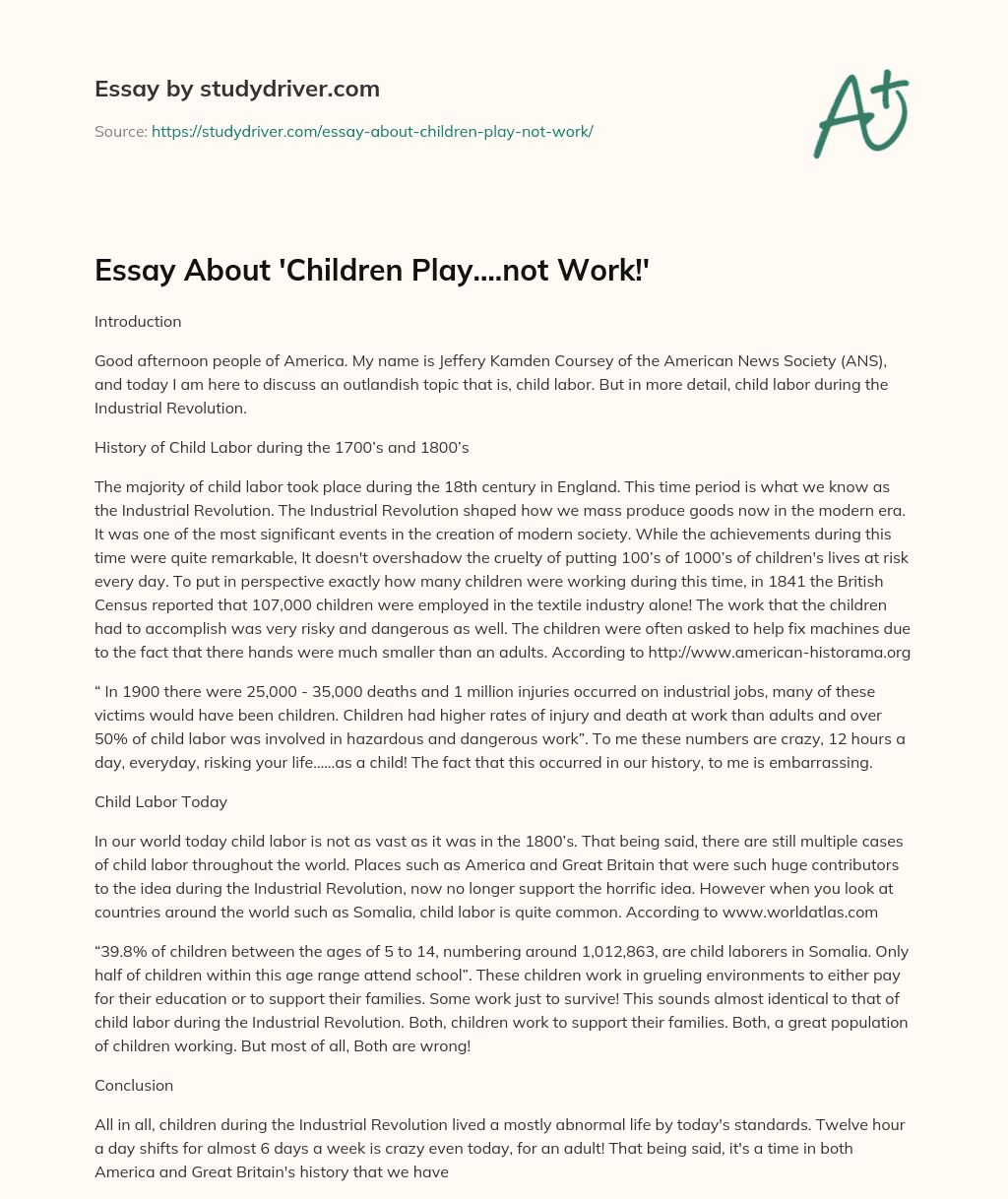Essay about ‘Children Play….not Work!’ essay