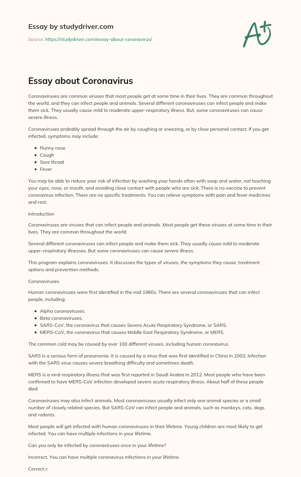 Essay about Coronavirus essay