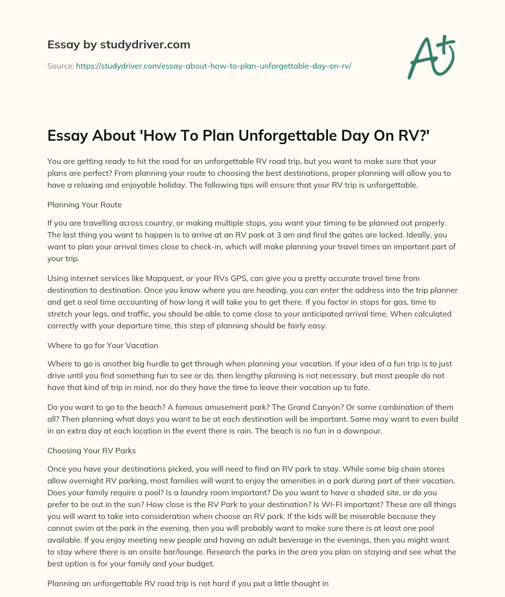 Essay about ‘How to Plan Unforgettable Day on RV?’ essay