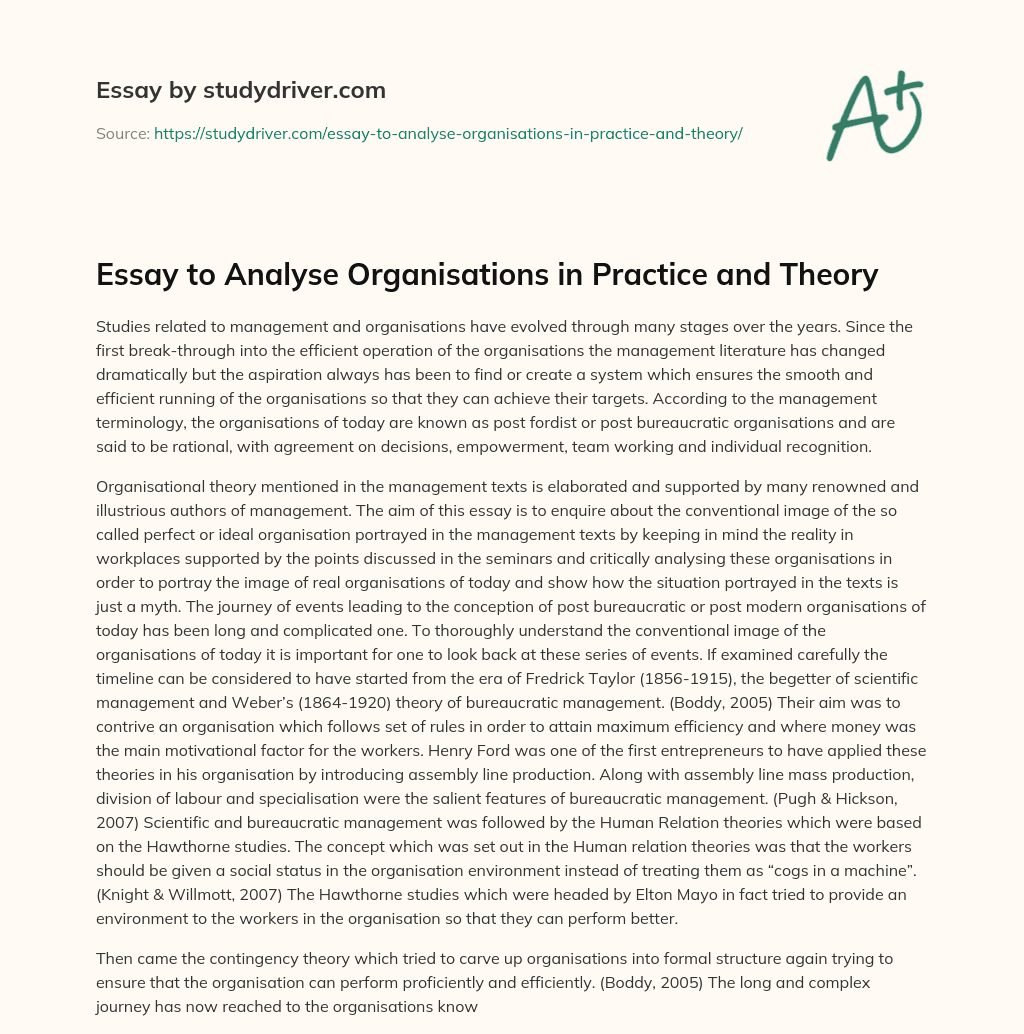 Essay to Analyse Organisations in Practice and Theory essay