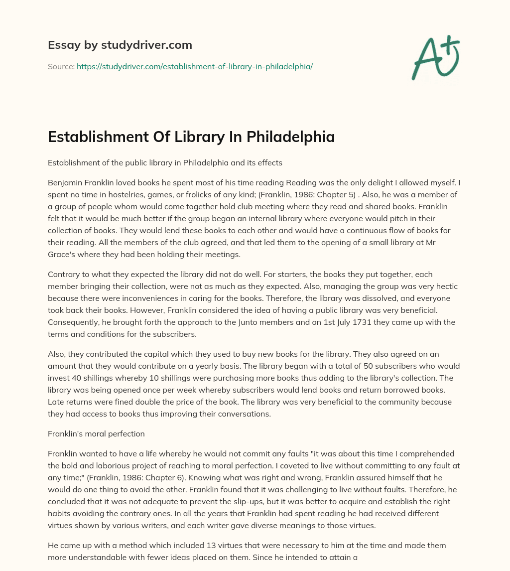 Establishment of Library in Philadelphia essay