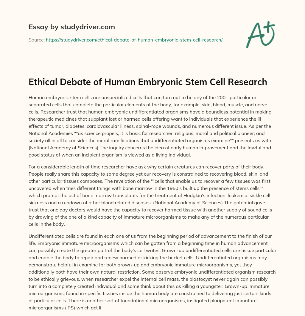 Ethical Debate of Human Embryonic Stem Cell Research essay