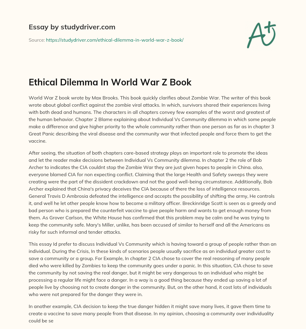 Ethical Dilemma in World War Z Book essay