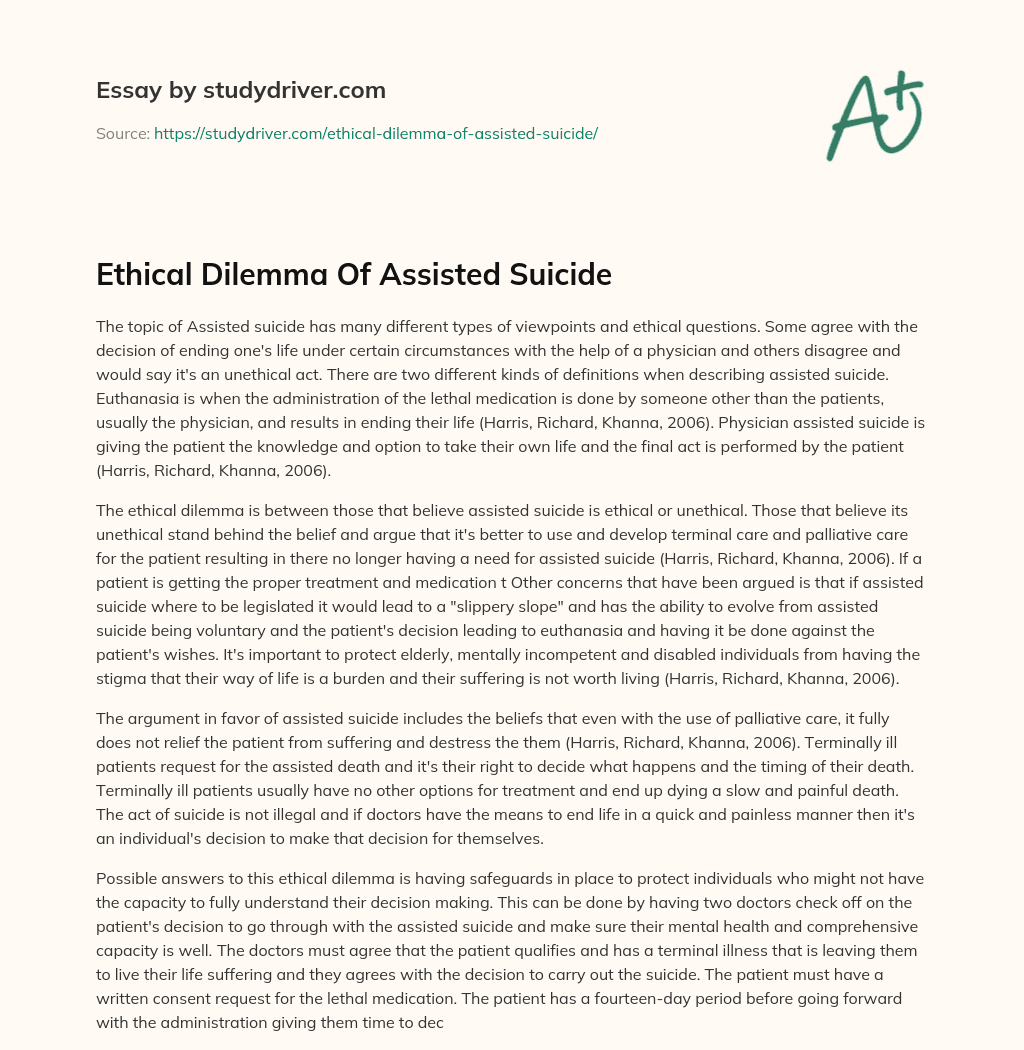 Ethical Dilemma of Assisted Suicide essay