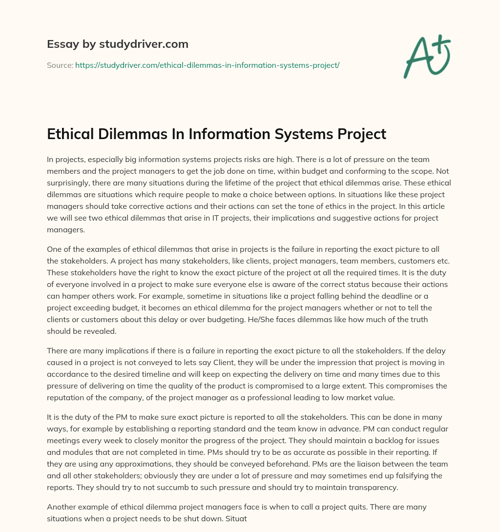 Ethical Dilemmas in Information Systems Project essay