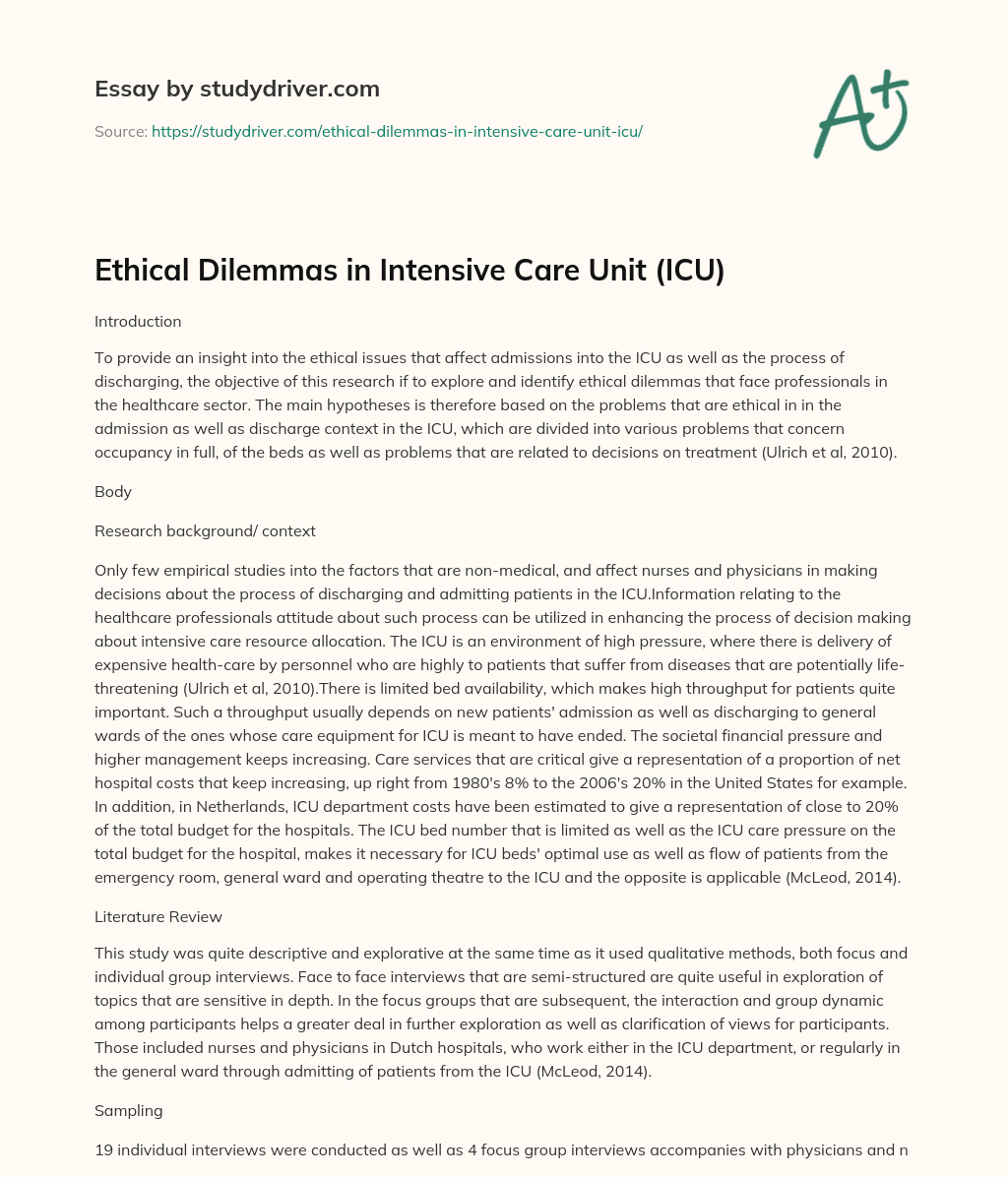 Ethical Dilemmas in Intensive Care Unit (ICU) essay