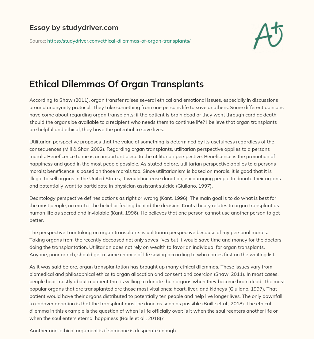 Ethical Dilemmas of Organ Transplants essay