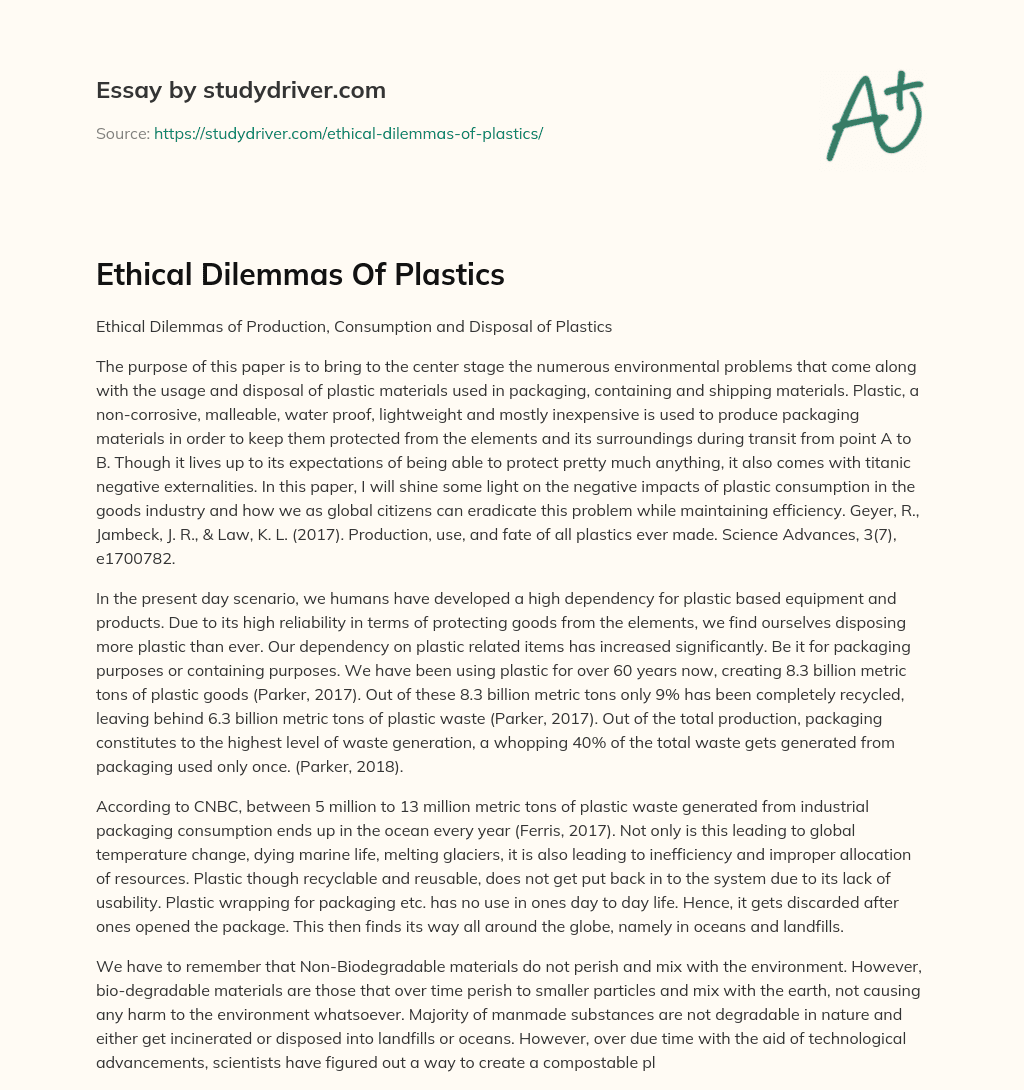 Ethical Dilemmas of Plastics essay